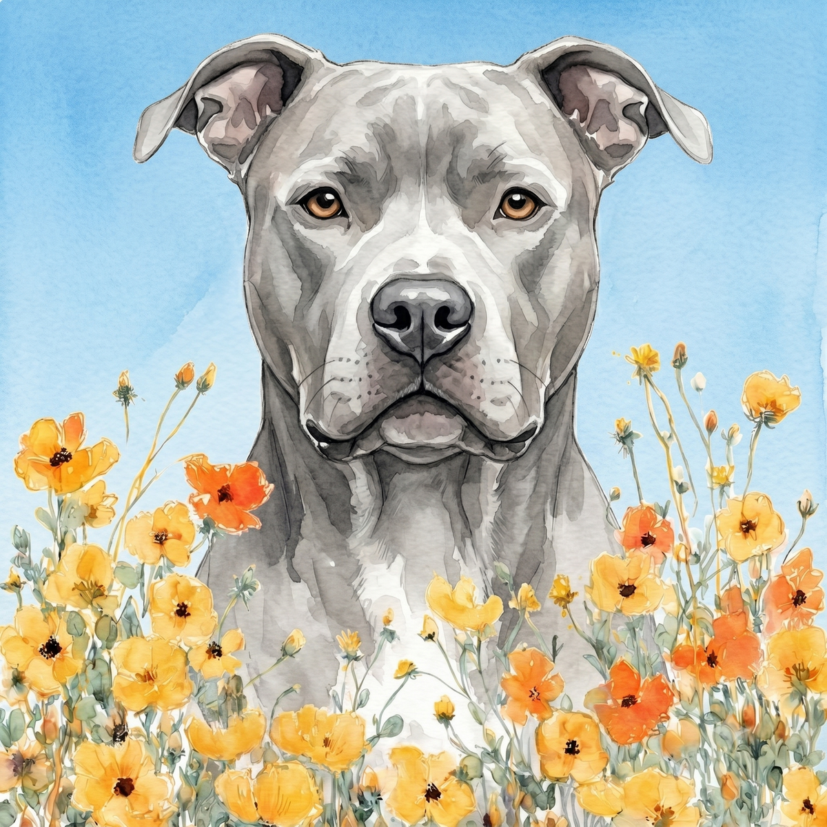 Yellow Poppies Gray American Pitbull Diamond Art Kit