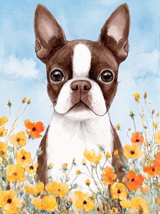 Yellow Poppies Liver and White Boston Terrier Diamond Art Kit
