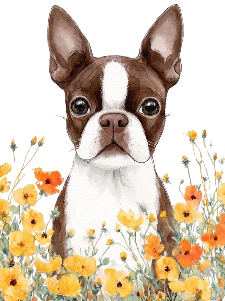 Yellow Poppies Liver and White Boston Terrier Diamond Art Kit