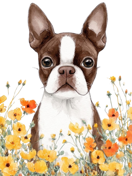 Yellow Poppies Liver and White Boston Terrier Diamond Art Kit