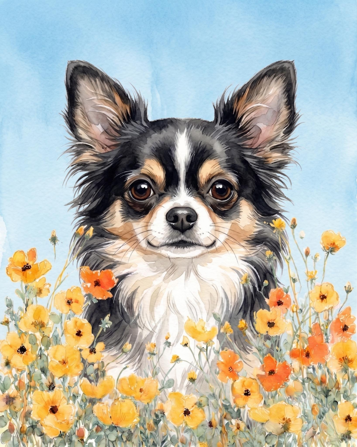 Yellow Poppies Dark Long Haired Chihuahua Diamond Art Kit