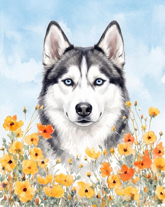 Yellow Poppies Siberian Husky Diamond Art Kit