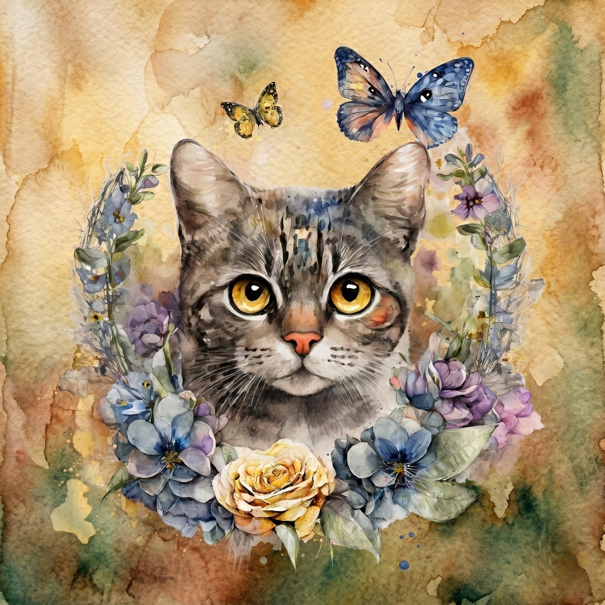 Yellow Rose Wreath And Cat Watercolor Diamond Art Kit — diamond art kit canvas