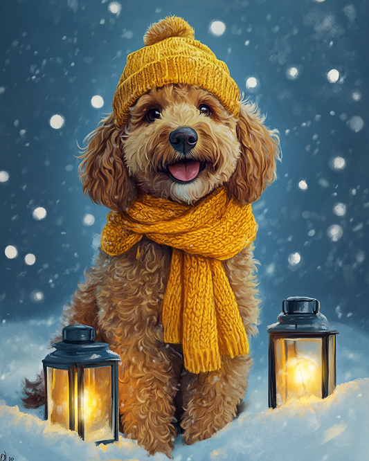 Yellow Scarf Dog in the Snow Diamond Art Kit
