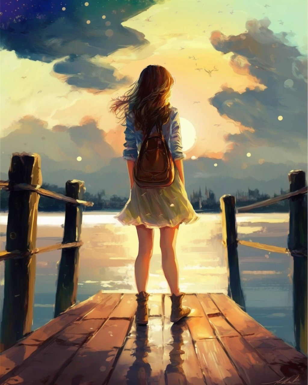 Yellow Skirt Girl on the Dock Diamond Art Kit