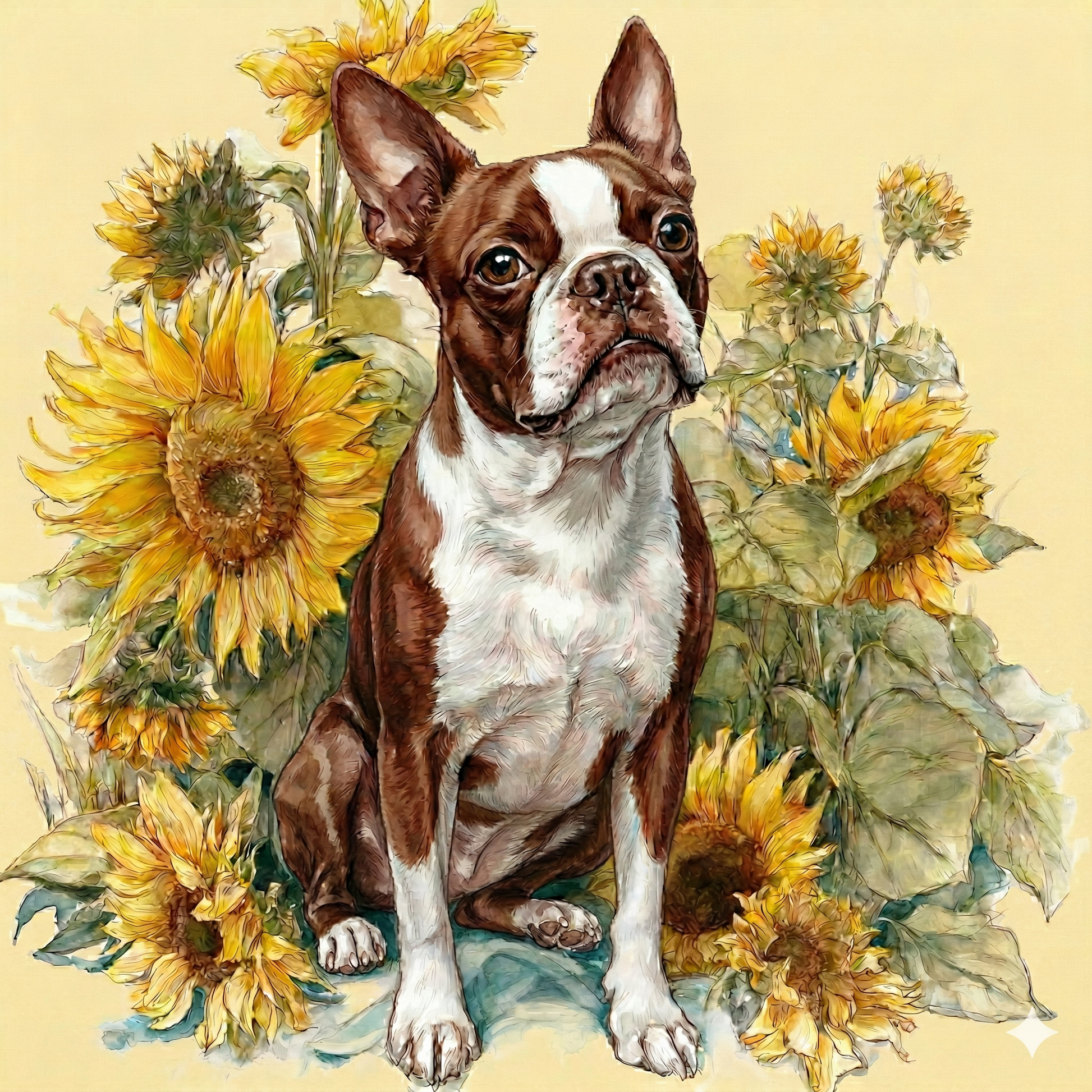 Red Boston Terrier in Sunflowers Diamond Art Kit