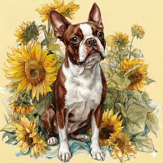 Red Boston Terrier in Sunflowers Diamond Art Kit