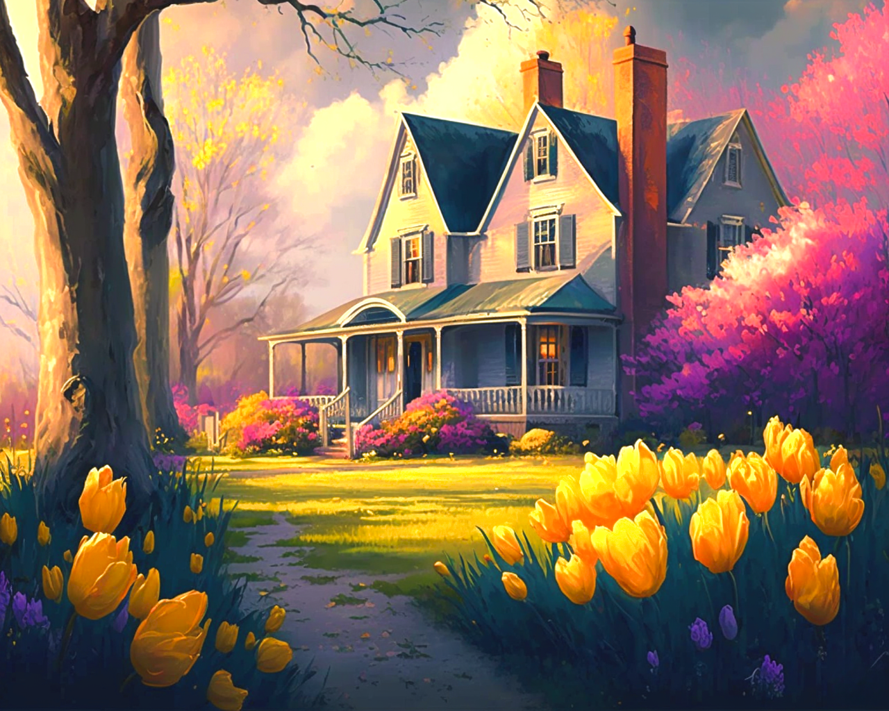 Yellow Tulips by the House Diamond Art Kit