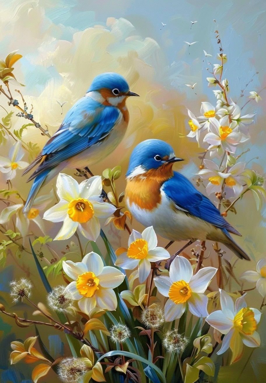 Yellow and White Daffodils and Birds Diamond Art Kit