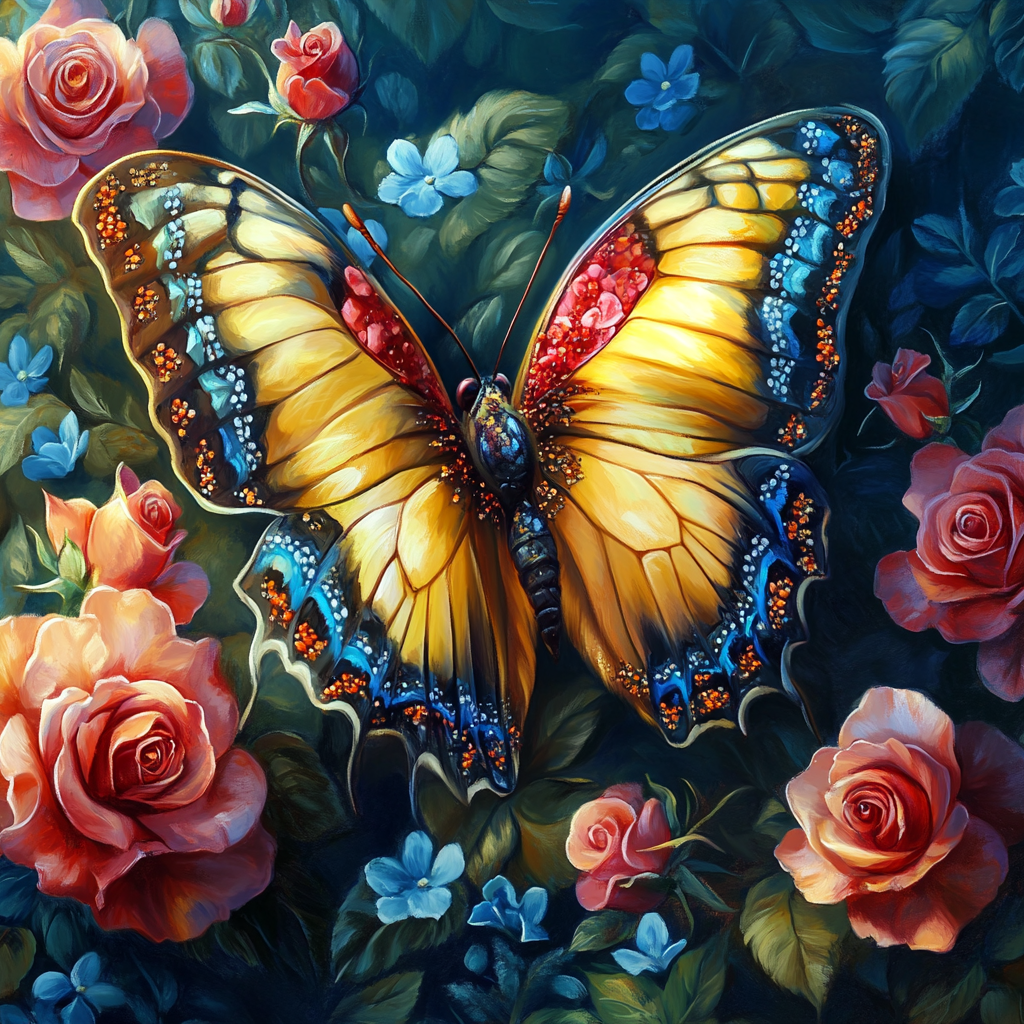 Yellow Wing Butterfly and Roses Diamond Art Kit