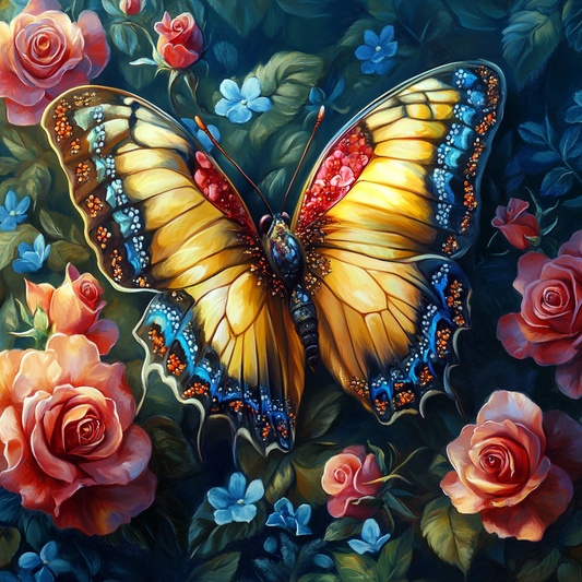 Yellow Wing Butterfly and Roses Diamond Art Kit