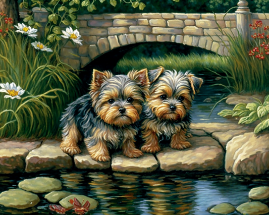 Yorkie Puppies on the Pond Stones Diamond Art Kit