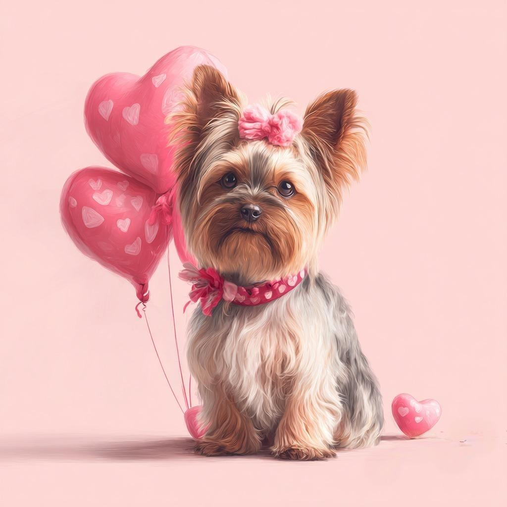 Yorkshire Terrier and Heart Balloons Diamond Art Kit